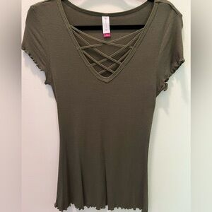 No Boundaries Khaki Sweater with Criss-Cross Detail